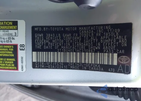 2010 Toyota Corolla Le from USA, damaged, VIN 2T1BU4EE1AC310867